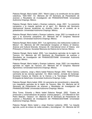Palacios Rangel, María Isabel. 2001. “Machi López y la constitución de los ejidos
colectivos. 1920-1955”. En: Memoria del VII Seminario de Presentación de
avances y Resultados de Investigación del PIHAAA/CESTAAM. Universidad
Autónoma Chapingo. México.
Palacios Rangel, María Isabel y Ocampo Ledesma, Jorge. 2001. “La economía
campesina y la maquila agrícola en el agro”. En: Memoria del Seminario
Internacional Nuevas tendencias en América Latina en el contexto de la
globalización. Universidad Autónoma Chapingo. México.
Palacios Rangel, María Isabel y Ocampo Ledesma, Jorge. 2001 La maquila en el
agro y la economía campesina. En: Memoria del IV Congreso Nacional
Agronómico. Universidad Autónoma Chapingo. México.
Palacios Rangel, María Isabel. 2001. “Los agrónomos y las instituciones rurales en
México”. En: Memoria del XXI International Congress of History of Science.
Science and Cultural Diversity. Simposio 38. International Union of History and
Philosophy of Science- Sociedad Mexicana de Historia de la Ciencia. México.
Palacios Rangel, María Isabel. 2002. “Los maquileros agrícolas de la región de
Texcoco. En: Memoria del VIII Seminario de Presentación de avances y
Resultados de Investigación del PIHAAA/CIESTAAM. Universidad Autónoma
Chapingo. México.
Palacios Rangel, María Isabel y Ocampo Ledesma, Jorge. 2002. Los maquileros
agrícolas en región de Texcoco. En: Memoria del IV Congreso Nacional
Agronómico. Universidad Autónoma Chapingo. México.
Ocampo Ledesma, Jorge y María Isabel Palacios Rangel. 2002. “Mario Calvino,
caminante de las ciencias agrícolas”. En: Mario Calvino. Jornada de homenaje.
Sociedad Cubana de Historia de la Ciencia y la Tecnología- INIFAT/Cuba-
Embajada de Italia/Cuba- Universidad Autónoma Chapingo. Cuba.
Palacios Rangel, María Isabel. 2002. Un panorama de concentración y desarrollo.
Los maquileros agrícolas de la región de Texcoco, Méx. En: Memoria del IX
Seminario de Presentación de avances y Resultados de Investigación del
PIHAAA/CIESTAAM. Universidad Autónoma Chapingo. México.
Silva Torres, Eduardo y María Isabel Palacios Rangel. 2002. “Costos de
producción y comercialización de papaya (Carica papaya L. ) CV Maradol en San
Pedro Balacán, Tabasco”. En: Memoria del IX Seminario de Presentación de
avances y Resultados de Investigación del PIHAAA/CIESTAAM. Universidad
Autónoma Chapingo. México.
Palacios Rangel, María Isabel y Jorge Ocampo Ledesma. 2002. “La maquila
agrícola, punto de enlace de redes sociales y tecnológicas”. En: Memoria del XII
9
 