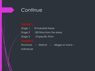 Continue
Example 1.
Stage 1 10 Industrial Areas
Stage 2 100 Firms from the areas
Stage 3 10 specific Firms
Example 2.
Provinces ͢ Districts ͢ villages or towns ͢
individuals
 