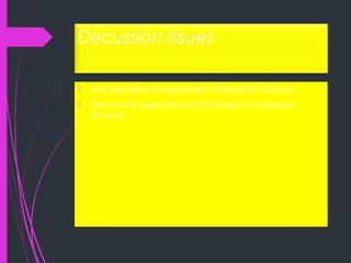 Discussion Issues
 Are assumptions necessary in Research? Discuss.
 Discuss the significance of all steps in a research
process.
 