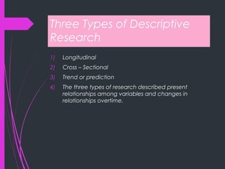 Three Types of Descriptive
Research
1) Longitudinal
2) Cross – Sectional
3) Trend or prediction
4) The three types of research described present
relationships among variables and changes in
relationships overtime.
 