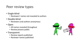 Peer review types
• Single-blind
• Reviewers’ names not revealed to authors
• Double-blind
• Reviewers and authors anonymous
• Open
• All names revealed throughout
• Review process public
• Transparent
• Review reports published
• Reviewer names published
 