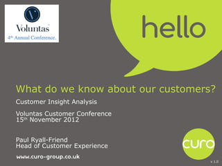 What do we know about our customers?
Customer Insight Analysis
Voluntas Customer Conference
15th November 2012


Paul Ryall-Friend
Head of Customer Experience

                                   v 1.0
 