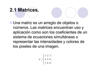 2.1 Matrices.
Una matriz es un arreglo de objetos o
números. Las matrices encuentran uso y
aplicación como son los coeficientes de un
sistema de ecuaciones simultáneas o
representar las intensidades y colores de
los pixeles de una imagen.
 