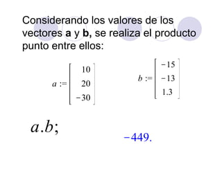 Considerando los valores de los
vectores a y b, se realiza el producto
punto entre ellos:
 