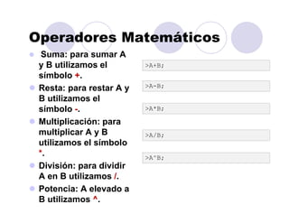 Operadores Matemáticos
Suma: para sumar A
y B utilizamos el
símbolo +.
Resta: para restar A y
B utilizamos el
símbolo -.
Multiplicación: para
multiplicar A y B
utilizamos el símbolo
*.
División: para dividir
A en B utilizamos /.
Potencia: A elevado a
B utilizamos ^.
>A+B;
>A-B;
>A*B;
>A/B;
>A^B;
 