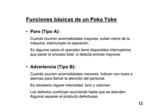 13
Funciones básicas de un Poka Yoke
• Paro (Tipo A):
Cuando ocurren anormalidades mayores, evitan cierre de la
máquina, interrumpen la operación.
En algunos casos el operador tiene disponibles interruptores
que paran el proceso total, si detecta errores mayores
• Advertencia (Tipo B):
Cuando ocurren anormalidades menores. Indican con luces o
alarmas para llamar la atención del personal.
Es necesario regular intensidad, tono y volumen.
Los defectos continúan ocurriendo hasta que se atienden.
Algunos separan el producto defectuoso.
 