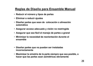 28
Reglas de Diseño para Ensamble Manual
• Reducir el número y tipos de partes
• Eliminar o reducir ajustes
• Diseñar partes que sean de colocación o alineación
automática
• Asegurar acceso adecuado y visión no restringida
• Asegurar que sea fácil el manejo de partes a granel
• Minimizar la necesidad de reorientación durante el
ensamble
• Diseñar partes que no puedan ser instaladas
incorrectamente
• Maximizar la simetría de la parte siempre que sea posible, o
hacer que las partes sean asimétricas obviamente
 