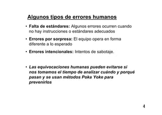 4
Algunos tipos de errores humanos
• Falta de estándares: Algunos errores ocurren cuando
no hay instrucciones o estándares adecuados
• Errores por sorpresa: El equipo opera en forma
diferente a lo esperado
• Errores intencionales: Intentos de sabotaje.
• Las equivocaciones humanas pueden evitarse si
nos tomamos el tiempo de analizar cuándo y porqué
pasan y se usan métodos Poka Yoke para
prevenirlos
 