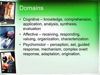 Domains
• Cognitive – knowledge, comprehension,
application, analysis, synthesis,
evaluation
• Affective – receiving, responding,
valuing, organization, characterization
• Psychomotor – perception, set, guided
response, mechanism, complex overt
response, adaptation, origination.
 