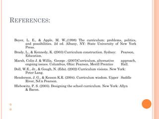 REFERENCES:
Beyer, L. E., & Apple, M. W.,(1998) The curriculum: problems, politics,
and possibilities. 2d ed. Albany, NY: State University of New York
Press.
Brady, L., & Kennedy, K. (2003) Curriculum construction. Sydney: Pearson,
Education.
Marsh, Colin J. & Willis, George . (2007)Curriculum, alternative
approach,
ongoing issues. Columbus, Ohio: Pearson, Merill Prentice
Hall.
Doll, W.E., Jr., & Gough, N. (Eds). (2002) Curriculum visions. New York:
Peter Lang.
Henderson, J. G., & Kesson K.R. (2004). Curriculum wisdom. Upper Saddle
River, NJ:n Pearson.
Hlebowitz, P. S. (2005). Designing the school curriculum. New York: Allyn
& Bacon.




 