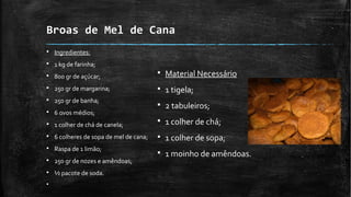 Broas de Mel de Cana
§ Ingredientes:
§ 1 kg de farinha;
§ 800 gr de açúcar;
§ 250 gr de margarina;
§ 250 gr de banha;
§ 6 ovos médios;
§ 1 colher de chá de canela;
§ 6 colheres de sopa de mel de cana;
§ Raspa de 1 limão;
§ 250 gr de nozes e amêndoas;
§ ½ pacote de soda.
§
§ Material Necessário
§ 1 tigela;
§ 2 tabuleiros;
§ 1 colher de chá;
§ 1 colher de sopa;
§ 1 moinho de amêndoas.
 