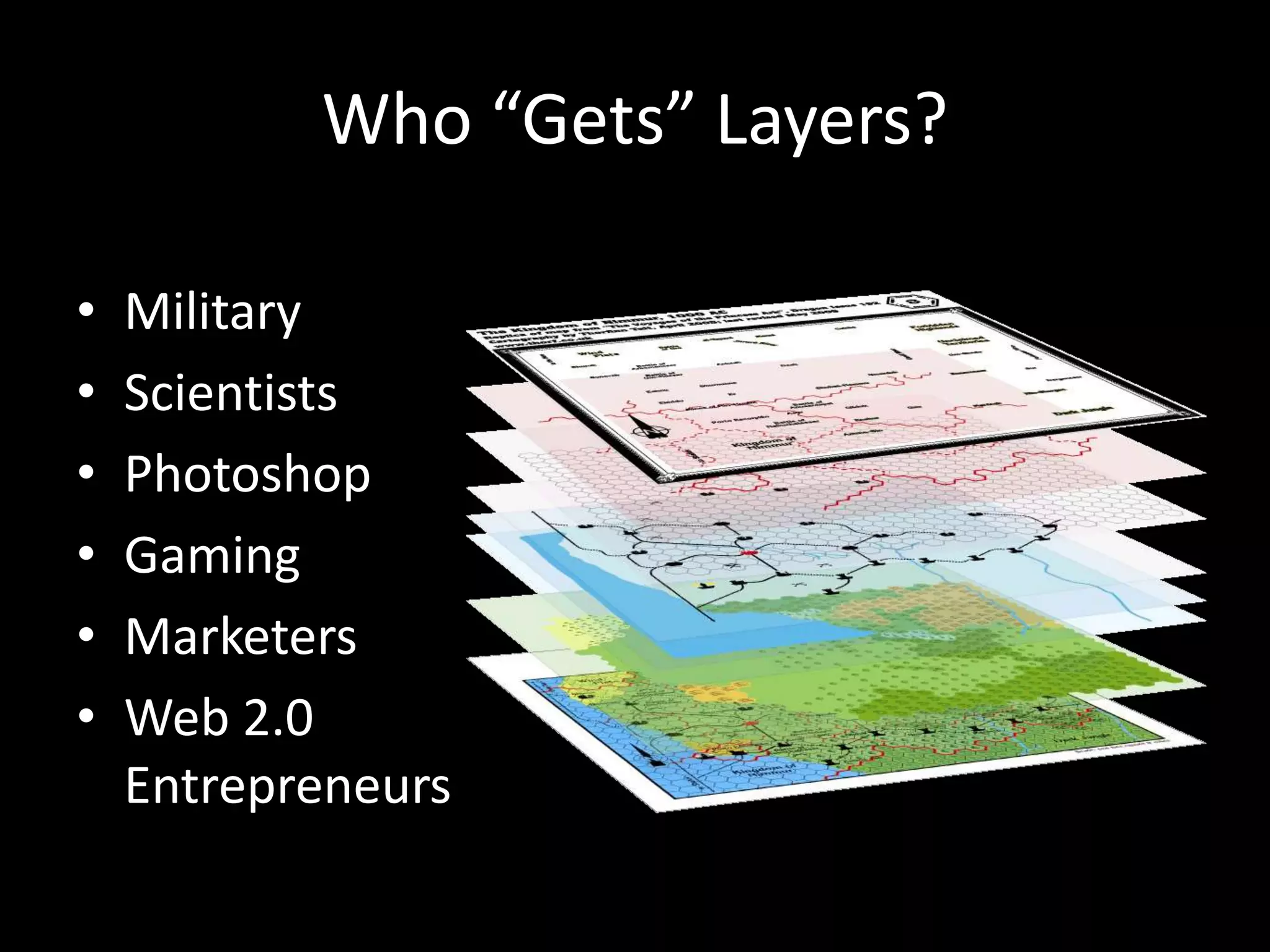 Who “Gets” Layers?MilitaryScientistsPhotoshopGamingMarketersWeb 2.0 Entrepreneurs