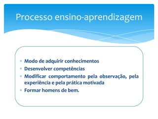 Processo ensino-aprendizagem



 Modo de adquirir conhecimentos
 Desenvolver competências
 Modificar comportamento pela observação, pela
 experiência e pela prática motivada
 Formar homens de bem.
 