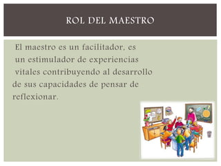 El maestro es un facilitador, es
un estimulador de experiencias
vitales contribuyendo al desarrollo
de sus capacidades de pensar de
reflexionar.
ROL DEL MAESTRO
 