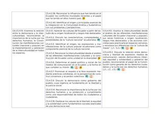 CS.4.2.38. Reconocer la influencia que han tenido en el
Ecuador los conflictos mundiales recientes y el papel
que ha tenido en ellos nuestro país.
CS.4.2.40. Identificar el origen y principales avances de
la integración en la Comunidad Andina y Sudamérica,
con sus problemas y perspectivas.
CE.CS.4.10. Examina la relación
entre la democracia y la inter-
culturalidad, reconociendo la
importancia de la lucha por los
derechos humanos, la Consti-
tución, las manifestaciones cul-
turales (nacional y popular) en
la implementación y valoración
de la interculturalidad en todos
los espacios.
CS.4.3.1. Apreciar las culturas del Ecuador a partir del es-
tudio de su origen, localización y rasgos más destacados.
CS.4.3.2. Discutir las características, complejidades y
posibilidades de la “cultura nacional” ecuatoriana.
CS.4.3.3. Identificar el origen, las expresiones y ma-
nifestaciones de la cultura popular ecuatoriana como
componente esencial de la cultura nacional.
CS.4.3.4. Reconocer la interculturalidad desde el análisis
de las diferentes manifestaciones culturales y la cons-
trucción del Ecuador como unidad en la diversidad.
CS.4.3.6. Determinar el papel político y social de los
medios de comunicación en el Ecuador, y la forma en
que cumplen su misión.
CS.4.3.7. Promover el respeto a la libre expresión me-
diante prácticas cotidianas, en la perspectiva de cons-
truir consensos y acuerdos colectivos.
CS.4.3.9. Discutir la democracia como gobierno del
pueblo, cuya vigencia se fundamenta en la libertad y
la justicia social.
CS.4.3.14. Reconocer la importancia de la lucha por los
derechos humanos y su protección y cumplimiento
como una responsabilidad de todos los ciudadanos y
ciudadanas.
CS.4.3.16. Destacar los valores de la libertad, la equidad
y la solidaridad como fundamentos sociales esenciales
de una democracia real.
I.CS.4.10.1. Explica la interculturalidad desde
el análisis de las diferentes manifestaciones
culturales del Ecuador (nacional y popular),
sus raíces históricas u origen, localización,
rasgos más destacados, y las acciones con-
cretas para practicarla en espacios cercanos,
y reconoce sus diferencias con la “cultura de
masas”. (J.1., S.2.)
I.CS.4.10.2. Discute la relación entre demo-
cracia y libertad de expresión, medios de
comunicación, valores democráticos (liber-
tad, equidad y solidaridad) y gobierno del
pueblo, reconociendo el papel de la Consti-
tución como garante de los derechos ciuda-
danos y la lucha por los derechos humanos.
(J.1., J.2., J.3.)
 
