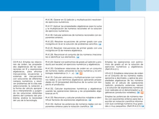 46
M.4.1.16. Operar en Q (adición y multiplicación) resolvien-
do ejercicios numéricos.
M.4.1.17. Aplicar las propiedades algebraicas para la suma
y la multiplicación de números racionales en la solución
de ejercicios numéricos.
M.4.1.18. Calcular potencias de números racionales con ex-
ponentes enteros.
M.4.1.20. Resolver ecuaciones de primer grado con una
incógnita en Q en la solución de problemas sencillos.
M.4.1.21. Resolver inecuaciones de primer grado con una
incógnita en Q de manera algebraica.
M.4.1.26. Reconocer el conjunto de los números irraciona-
les e identificar sus elementos.
CE.M.4.2. Emplea las relacio-
nes de orden, las propieda-
des algebraicas de las ope-
raciones en R y expresiones
algebraicas, para afrontar
inecuaciones, ecuaciones y
sistemas de inecuaciones
con soluciones de diferentes
campos numéricos, y resol-
ver problemas de la vida real,
seleccionando la notación y
la forma de cálculo apropia-
da e interpretando y juzgan-
do las soluciones obtenidas
dentro del contexto del pro-
blema; analiza la necesidad
del uso de la tecnología.
M.4.1.24. Operar con polinomios de grado ≤2 (adición y pro-
ducto por escalar) en ejercicios numéricos y algebraicos.
M.4.1.30. Establecer relaciones de orden en un conjunto
de números reales utilizando la recta numérica y la sim-
bología matemática (=, < , ≥).
M.4.1.31. Calcular adiciones y multiplicaciones con núme-
ros reales y con términos algebraicos aplicando propie-
dades en R (propiedad distributiva de la suma con res-
pecto al producto).
M.4.1.32. Calcular expresiones numéricas y algebraicas
usando las operaciones básicas y las propiedades alge-
braicas en R.
M.4.1.33. Reconocer y calcular productos notables e iden-
tificar factores de expresiones algebraicas.
M.4.1.34. Aplicar las potencias de números reales con ex-
ponentes enteros para la notación científica.
Emplea las operaciones con polino-
mios de grado ≤2 en la solución de
ejercicios numéricos y algebraicos.
(Ref.I.M.4.2.1.).
I.M.4.2.2. Establece relaciones de orden
en el conjunto de los números reales;
aproxima a decimales; y aplica las pro-
piedades algebraicas de los números
reales en el cálculo de operaciones
(adición, producto, potencias, raíces)
y la solución de expresiones numéricas
(con radicales en el denominador) y al-
gebraicas (productos notables).
Emplea las potencias de números rea-
les con exponentes enteros para leer y
escribir en notación científica informa-
ción que contenga números muy gran-
des o muy pequeños. (Ref.I.M.4.2.3.)
 