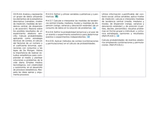 CE.M.4.8. Analiza y representa
un grupo de datos utilizando
los elementos de la estadística
descriptiva (variables, niveles
de medición, medidas de ten-
dencia central, de dispersión
y de posición). Razona sobre
los posibles resultados de un
experimento aleatorio sen-
cillo. Calcula probabilidades
aplicando como estrategia
técnicas de conteo, el cálculo
del factorial de un número y
el coeficiente binomial, ope-
raciones con conjuntos y las
leyes de De Morgan. Valora
la importancia de realizar es-
tudios estadísticos para com-
prender el medio y plantear
soluciones a problemas de la
vida diaria. Emplea medios
tecnológicos, con creatividad
y autonomía, en el desarrollo
de procesos estadísticos. Res-
peta las ideas ajenas y argu-
menta procesos.
M.4.3.5. Definir y utilizar variables cualitativas y cuan-
titativas.
M.4.3.7. Calcular e interpretar las medidas de tenden-
cia central (media, mediana, moda) y medidas de dis-
persión (rango, varianza y desviación estándar) de un
conjunto de datos en la solución de problemas.
M.4.3.9. Definir la probabilidad (empírica) y el azar de
un evento o experimento estadístico para determinar
eventos o experimentos independientes.
M.4.3.10. Aplicar métodos de conteo (combinaciones
y permutaciones) en el cálculo de probabilidades.
Utiliza información cuantificable del con-
texto social; utiliza variables; aplica niveles
de medición; calcula e interpreta medidas
de tendencia central (media, mediana y
moda), de dispersión (rango, varianza y
desviación estándar) y de posición (cuar-
tiles, deciles, percentiles); resuelve proble-
mas en forma grupal e individual; y comu-
nica estrategias, opiniones y resultados.
(Ref.I.M.4.8.1.).
Calcula probabilidades de eventos aleato-
rios empleando combinaciones y permuta-
ciones. (Ref.I.M.4.8.2.).
 