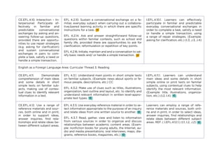 CE.EFL.4.10. Interaction – In-
terpersonal: Participate ef-
fectively in familiar and
predictable conversational
exchanges by asking and an-
swering follow-up questions,
provided there are opportu-
nities to use repair strategies
(e.g. asking for clarification)
and sustain conversational
exchanges in pairs to com-
plete a task, satisfy a need or
handle a simple transaction.
EFL 4.2.10. Sustain a conversational exchange on a fa-
miliar, everyday subject when carrying out a collabora-
tive/paired learning activity in which there are specific
instructions for a task.
EFL 4.2.14. Ask and answer straightforward follow-up
questions within familiar contexts, such as school and
family life, provided there are opportunities to ask for
clarification, reformulation or repetition of key points.
EFL 4.2.16. Initiate, maintain and end a conversation to sat-
isfy basic needs and/ or handle a simple transaction.
I.EFL.4.10.1. Learners can effectively
participate in familiar and predictable
everyday conversational exchanges in
order to complete a task, satisfy a need
or handle a simple transaction, using
a range of repair strategies. (Example:
asking for clarification, etc.) (I.3, J.3, J.4)
English as a Foreign Language Area: Curricular Thread 3: Reading
CE.EFL.4.11. Demonstrate
comprehension of main ideas
and some details in short
simple texts on familiar sub-
jects, making use of contex-
tual clues to identify relevant
information in a text.
EFL 4.3.1. Understand main points in short simple texts
on familiar subjects. (Example: news about sports or fa-
mous people, descriptions, etc.) CC
EFL 4.3.2. Make use of clues such as titles, illustrations,
organization, text outline and layout, etc. to identify and
understand relevant information in written level-appro-
priate text types.
I.EFL.4.11.1. Learners can understand
main ideas and some details in short
simple online or print texts on familiar
subjects, using contextual clues to help
identify the most relevant information.
(Example: title, illustrations, organiza-
tion, etc.) (I.2, I.4)
CE.EFL.4.12. Use a range of
reference materials and sour-
ces, both online and in print,
in order to support ideas,
answer inquiries, find rela-
tionships and relate ideas be-
tween different subject areas.
EFL 4.3.5. Use everyday reference material in order to se-
lect information appropriate to the purpose of an inquiry
and relate ideas from one written source to another.
EFL 4.3.7. Read, gather, view and listen to information
from various sources in order to organize and discuss
relationships between academic content areas. (Exam-
ple: nonfiction books for young adults, the Internet, au-
dio and media presentations, oral interviews, maps, dia-
grams, reference books, magazines, etc.)
Learners can employ a range of refe-
rence materials and sources, both onli-
ne and in print, in order to select ideas,
answer inquiries, find relationships and
relate ideas between different subject
areas. REF. ( I.EFL.4.12.1.) (I.1, I.2, J.2)
 