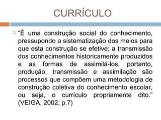 CURRÍCULO


“É uma construção social do conhecimento,
pressupondo a sistematização dos meios para
que esta construção se efetive; a transmissão
dos conhecimentos historicamente produzidos
e as formas de assimilá-los, portanto,
produção, transmissão e assimilação são
processos que compõem uma metodologia de
construção coletiva do conhecimento escolar,
ou seja, o currículo propriamente dito.”
(VEIGA, 2002, p.7)

 