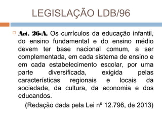 LEGISLAÇÃO LDB/96


Art. 26-A. Os currículos da educação infantil,
do ensino fundamental e do ensino médio
devem ter base nacional comum, a ser
complementada, em cada sistema de ensino e
em cada estabelecimento escolar, por uma
parte
diversificada,
exigida
pelas
características regionais e locais da
sociedade, da cultura, da economia e dos
educandos.
(Redação dada pela Lei nº 12.796, de 2013)

 