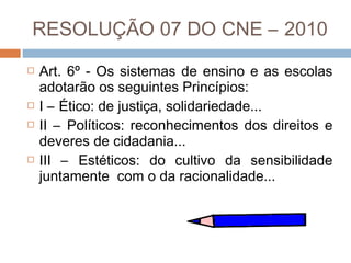 RESOLUÇÃO 07 DO CNE – 2010







Art. 6º - Os sistemas de ensino e as escolas
adotarão os seguintes Princípios:
I – Ético: de justiça, solidariedade...
II – Políticos: reconhecimentos dos direitos e
deveres de cidadania...
III – Estéticos: do cultivo da sensibilidade
juntamente com o da racionalidade...

 