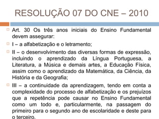 RESOLUÇÃO 07 DO CNE – 2010







Art. 30 Os três anos iniciais do Ensino Fundamental
devem assegurar:
I – a alfabetização e o letramento;
II – o desenvolvimento das diversas formas de expressão,
incluindo o aprendizado da Língua Portuguesa, a
Literatura, a Música e demais artes, a Educação Física,
assim como o aprendizado da Matemática, da Ciência, da
História e da Geografia;
III – a continuidade da aprendizagem, tendo em conta a
complexidade do processo de alfabetização e os prejuízos
que a repetência pode causar no Ensino Fundamental
como um todo e, particularmente, na passagem do
primeiro para o segundo ano de escolaridade e deste para
o terceiro.

 
