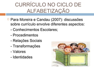 CURRÍCULO NO CICLO DE
ALFABETIZAÇÃO


Para Moreira e Candau (2007): discussões
sobre currículo envolve diferentes aspectos:
- Conhecimentos Escolares;
- Procedimentos
- Relações Sociais
- Transformações
- Valores
- Identidades

 