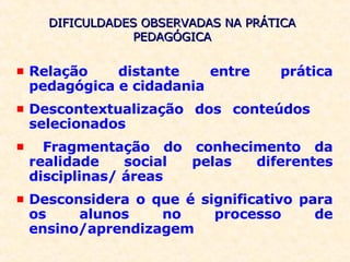 DIFICULDADES OBSERVADAS NA PRÁTICA PEDAGÓGICA Relação distante entre prática pedagógica e cidadania Descontextualização dos conteúdos  selecionados Fragmentação do conhecimento da realidade social pelas diferentes disciplinas/ áreas Desconsidera o que é significativo para os alunos no processo de ensino/aprendizagem 