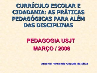 CURRÍCULO ESCOLAR E CIDADANIA: AS PRÁTICAS PEDAGÓGICAS PARA ALÉM DAS DISCIPLINAS Antonio Fernando Gouvêa da Silva PEDAGOGIA USJT MARÇO / 2006 