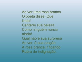 Ao ver uma rosa branca
O poeta disse: Que
linda!
Cantarei sua beleza
Como ninguém nunca
ainda!
Qual não é sua surpresa
Ao ver, à sua oração
A rosa branca ir ficando
Rubra de indignação.
 