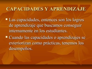 CAPACIDADES Y APRENDIZAJE
 Las capacidades, entonces son los logros
  de aprendizaje que buscamos conseguir
  internamente en los estudiantes.
 Cuando las capacidades o aprendizajes se

  exteriorizan como prácticas, tenemos los
  desempeños.
 