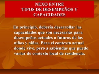 NEXO ENTRE
    TIPOS DE DESEMPEÑOS Y
         CAPACIDADES

En principio, debería desarrollar las
capacidades que son necesarias para
desempeños actuales o futuros de los
niños y niñas. Para el contexto actual
donde vive, pero a sabiendas que puede
variar de contexto local de residencia.
 
