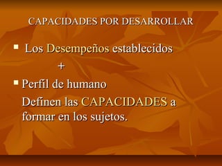 CAPACIDADES POR DESARROLLAR

  Los Desempeños establecidos
          +
 Perfil de humano

  Definen las CAPACIDADES a
  formar en los sujetos.
 