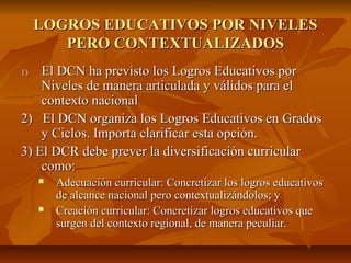 LOGROS EDUCATIVOS POR NIVELES
        PERO CONTEXTUALIZADOS
1)  El DCN ha previsto los Logros Educativos por
    Niveles de manera articulada y válidos para el
    contexto nacional
2) El DCN organiza los Logros Educativos en Grados
    y Ciclos. Importa clarificar esta opción.
3) El DCR debe prever la diversificación curricular
    como:
        Adecuación curricular: Concretizar los logros educativos
         de alcance nacional pero contextualizándolos; y
        Creación curricular: Concretizar logros educativos que
         surgen del contexto regional, de manera peculiar.
 