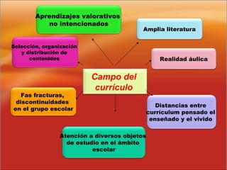 Campo del
currículo
Amplia literatura
Realidad áulica
Distancias entre
currículum pensado el
enseñado y el vivido
Selección, organización
y distribución de
contenidos
Fas fracturas,
discontinuidades
en el grupo escolar
Aprendizajes valorativos
no intencionados
Atención a diversos objetos
de estudio en el ámbito
escolar
 