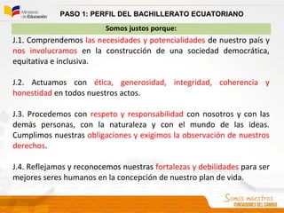 Somos justos porque:
J.1. Comprendemos las necesidades y potencialidades de nuestro país y
nos involucramos en la construcción de una sociedad democrática,
equitativa e inclusiva.
J.2. Actuamos con ética, generosidad, integridad, coherencia y
honestidad en todos nuestros actos.
J.3. Procedemos con respeto y responsabilidad con nosotros y con las
demás personas, con la naturaleza y con el mundo de las ideas.
Cumplimos nuestras obligaciones y exigimos la observación de nuestros
derechos.
J.4. Reflejamos y reconocemos nuestras fortalezas y debilidades para ser
mejores seres humanos en la concepción de nuestro plan de vida.
PASO 1: PERFIL DEL BACHILLERATO ECUATORIANO
 