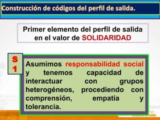 Primer elemento del perfil de salida
en el valor de SOLIDARIDAD
Asumimos responsabilidad social
y tenemos capacidad de
interactuar con grupos
heterogéneos, procediendo con
comprensión, empatía y
tolerancia.
S
1
 