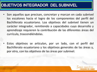 • Son aquellos que precisan, concretan y marcan en cada subnivel
los escalones hacia el logro de los componentes del perfil del
Bachillerato ecuatoriano. Loa objetivos del subnivel tienen un
carácter integrador, remitiendo a capacidades cuyo desarrollo y
aprendizaje requieren la contribución de las diferentes áreas del
currículo, trascendiéndolas.
• Estos objetivos se articulan, por un lado, con el perfil del
Bachillerato ecuatoriano y los objetivos generales de las áreas y,
por otro, con los objetivos de las áreas por subnivel.
 