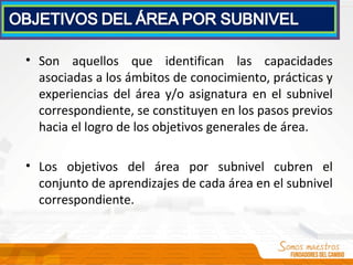 • Son aquellos que identifican las capacidades
asociadas a los ámbitos de conocimiento, prácticas y
experiencias del área y/o asignatura en el subnivel
correspondiente, se constituyen en los pasos previos
hacia el logro de los objetivos generales de área.
• Los objetivos del área por subnivel cubren el
conjunto de aprendizajes de cada área en el subnivel
correspondiente.
 
