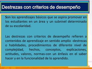 Son los aprendizajes básicos que se aspira promover en
los estudiantes en un área y un subnivel determinado
de su escolaridad.
Las destrezas con criterios de desempeño refieren a
contenidos de aprendizaje en sentido amplio -destrezas
o habilidades, procedimientos de diferente nivel de
complejidad, hechos, conceptos, explicaciones,
actitudes, valores, normas-con un énfasis en el saber
hacer y en la funcionalidad de lo aprendido.
 