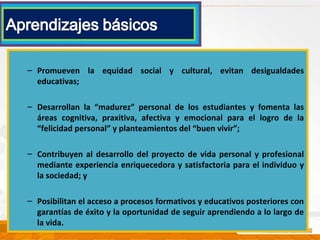 – Promueven la equidad social y cultural, evitan desigualdades
educativas;
– Desarrollan la “madurez” personal de los estudiantes y fomenta las
áreas cognitiva, praxitiva, afectiva y emocional para el logro de la
“felicidad personal” y planteamientos del “buen vivir”;
– Contribuyen al desarrollo del proyecto de vida personal y profesional
mediante experiencia enriquecedora y satisfactoria para el individuo y
la sociedad; y
– Posibilitan el acceso a procesos formativos y educativos posteriores con
garantías de éxito y la oportunidad de seguir aprendiendo a lo largo de
la vida.
 