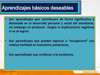 • Son aprendizajes que contribuyen de forma significativa y
destacada en el desarrollo personal y social del estudiante,
sin embargo no producen riesgos ni implicaciones negativas
si no se logran.
• Son aprendizajes que pueden lograrse o “recuperarse” con
relativa facilidad en momentos posteriores.
• Son aprendizajes que conllevan a la excelencia.
 