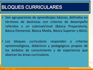 • Son agrupaciones de aprendizajes básicos, definidos en
términos de destrezas con criterios de desempeño
referidos a un subnivel/nivel (Básica Preparatoria,
Básica Elemental, Básica Media, Básica Superior y BGU).
• Los bloques curriculares responden a criterios
epistemológicos, didácticos y pedagógicos propios de
los ámbitos de conocimiento y de experiencia que
abarcan las áreas curriculares.
 