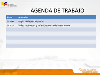 AGENDA DE TRABAJO
Hora Actividad
08H00 Registro de participantes
08H15 Video motivador y reflexión acerca del mensaje ob
 