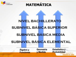 MATEMÁTICA
Álgebra y
Funciones
Geometría
y Medida
Estadística y
Probabilidad
SUBNIVEL BÁSICA ELEMENTAL
SUBNIVEL BÁSICA MEDIA
SUBNIVEL BÁSICA SUPERIOR
NIVEL BACHILLERATO
 