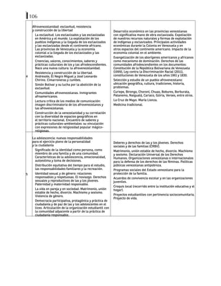 106
4
Afrovenezolanidad: esclavitud, resistencia
y construcción de la libertad
La esclavitud. Los esclavizados y las esclavizadas
en América y el mundo. La explotación de los
pueblos indígenas y la llegada de los esclavizados
y las esclavizadas desde el continente africano.
Las provincias de Venezuela y la economía
colonial a la llegada de los esclavizados y las
esclavizadas.
Creencias, valores, conocimientos, saberes y
prácticas culturales de los y las afrodescendientes.
Nace una nueva cultura: la afrovenezolanidad.
Resistencia y construcción de la libertad.
Andresote, El Negro Miguel y José Leonardo
Chirino. Cimarroneras y cumbes.
Simón Bolívar y su lucha por la abolición de la
esclavitud.
Comunidades afrovenezolanas. Inmigrantes
afroamericanos.
Lectura crítica de los medios de comunicación:
imagen discriminatoria de los afrovenezolanos y
las afrovenezolanas.
Construcción de la venezolanidad y su correlación
con la diversidad de espacios geográficos en
el territorio nacional. Encuentro de saberes y
prácticas culturales-ambientales: su vinculación
con expresiones de religiosidad popular mágico-
religiosas.
Desarrollo económico en las provincias venezolanas
con significativa mano de obra esclavizada. Expoliación
de nuestros recursos naturales y formas de explotación
de indígenas y esclavizados. Principales actividades
económicas durante la Colonia en Venezuela y en
otros espacios del continente americano. Impacto de la
economía colonial en el ambiente.
Evangelización de los aborígenes americanos y africanos
como mecanismo de dominación. Derechos de las
comunidades afrodescendientes en los documentos:
Constitución de la República Bolivariana de Venezuela
(1999), Ley contra la Discriminación Racial (2011),
constituciones de Venezuela de los años 1961 y 1830.
Selección y estudio de un pueblo afrovenezolano:
ubicación geográfica, cultura, tradiciones, historia,
problemas.
Curiepe, Birongo, Choroní, Chuao, Bobures, Borburata,
Patanemo, Naiguatá, Cariaco, Güiria, Veroes, entre otros.
La Cruz de Mayo. María Lionza.
Medicina tradicional.
5
La adolescencia: nuevas responsabilidades
para el ejercicio pleno de la personalidad
y la ciudadanía
Significado de la identidad como persona, como
miembro de una familia y de una comunidad.
Características de la adolescencia, emocionalidad,
autoestima y toma de decisiones.
Distribución equitativa del tiempo para el estudio,
las responsabilidades familiares y la recreación.
Identidad sexual y de género: relaciones
responsables y respetuosas. El noviazgo. Derechos
sexuales y reproductivos de las y los jóvenes.
Paternidad y maternidad responsable.
La vida en pareja y en sociedad. Matrimonio, unión
estable de hecho, divorcio. Machismo y sexismo.
Violencia de género.
Democracia participativa, protagónica y práctica de
ciudadanía y de paz de las y los adolescentes en el
liceo. Articulación de la organización estudiantil con
la comunidad adyacente a partir de la práctica de
ciudadanía responsable.
Deberes y derechos de las y los jóvenes. Derechos
sociales y de las familias (CRBV).
Matrimonio, unión estable de hecho, divorcio. Machismo
y sexismo. Declaración Universal de los Derechos
Humanos. Organizaciones venezolanas e internacionales
para la defensa de los derechos de las féminas. Políticas
públicas venezolanas antipobreza.
Programas sociales del Estado venezolano para la
protección de la familia.
Acuerdos de convivencia escolar y en las organizaciones
juveniles.
Croquis local (recorrido entre la institución educativa y el
hogar).
Proyectos estudiantiles con pertinencia sociocomunitaria.
Proyecto de vida.
 