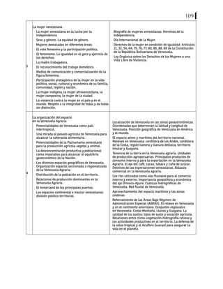 109
3
La mujer venezolana
La mujer venezolana en la lucha por la
Independencia
Sexo y género. La equidad de género.
Mujeres destacadas en diferentes áreas.
El voto femenino y la participación política.
El feminismo. La igualdad en el goce y ejercicio de
los derechos.
La madre trabajadora.
El reconocimiento del trabajo doméstico.
Medios de comunicación y comercialización de la
figura femenina.
Participación protagónica de la mujer en la vida
política, social, cultural y económica de su familia,
comunidad, región y nación.
La mujer indígena, la mujer afrovenezolana, la
mujer campesina, la mujer de la ciudad.
La violencia contra la mujer en el país y en el
mundo. Respeto a la integridad de todas y de todos
sin distinción.
Biografía de mujeres venezolanas. Heroínas de la
Independencia.
Día Internacional de la Mujer.
Derechos de la mujer en condición de igualdad. Artículos
21, 32, 54, 64, 75, 76, 77, 80, 86, 88, 89 de la Constitución
de la República Bolivariana de Venezuela.
Ley Orgánica sobre los Derechos de las Mujeres a una
Vida Libre de Violencia.
4
La organización del espacio
en la Venezuela Agraria
Potencialidades de Venezuela como país
intertropical.
Una mirada al pasado agrícola de Venezuela para
alcanzar la soberanía alimentaria.
Potencialidades de la Pachamama venezolana
para la producción agrícola vegetal y animal.
La desconcentración productiva y poblacional
como imperativo para alcanzar el equilibrio
geoeconómico de la Nación.
Los diversos espacios geográficos de Venezuela.
Organización espacial seccionada o regionalizada
de la Venezuela Agraria.
Distribución de la población en el territorio.
Relaciones de producción dominantes en la
Venezuela Agraria.
El hinterland de los principales puertos.
Los espacios continental e insular venezolanos:
división político territorial.
Localización de Venezuela en las zonas geoastronómicas.
Coordenadas que determinan la latitud y longitud de
Venezuela. Posición geográfica de Venezuela en América
y el mundo.
El espacio aéreo y marítimo del territorio nacional.
Relieves en Venezuela: cordillera de los Andes, cordillera
de la Costa, región llanera y llanura deltaica, territorio
insular y Guayana.
Tenencia de la tierra en la Venezuela agraria. Unidades
de producción agropecuarias. Principales productos de
consumo interno y para la exportación en la Venezuela
Agraria. El eje del café, cacao, tabaco y caña de azúcar.
Destinos de las exportaciones venezolanas. Balanza
comercial en la Venezuela agraria.
Los ríos utilizados como vías fluviales para el comercio
interno y exterior. Importancia geopolítica y económica
del eje Orinoco-Apure. Cuencas hidrográficas de
Venezuela. Red fluvial de Venezuela.
Aprovechamiento del espacio marítimo y las zonas
costeras.
Reforzamiento de las Áreas Bajo Régimen de
Administración Especial (ABRAE). El relieve en Venezuela
y en el continente americano. Conjuntos regionales
en Venezuela: Costa-Montaña, Llanos y Guayana. La
calidad de los suelos: tipos de suelo y vocación agrícola.
Relaciones entre clima-vegetación-hidrografía-relieve y
las actividades productivas en el territorio. La defensa de
la selva tropical y el Acuífero Guaraní para asegurar la
vida en el planeta.
 
