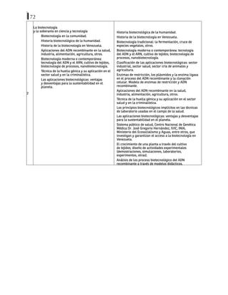 72
2
La biotecnología
y la soberanía en ciencia y tecnología
Biotecnología en la comunidad.
Historia biotecnológica de la humanidad.
Historia de la biotecnología en Venezuela.
Aplicaciones del ADN recombinante en la salud,
industria, alimentación, agricultura, otros.
Biotecnología moderna o contemporánea:
tecnología del ADN y el ARN, cultivo de tejidos,
biotecnología de procesos, nanobiotecnología.
Técnica de la huella génica y su aplicación en el
sector salud y en la criminalística.
Las aplicaciones biotecnológicas: ventajas
y desventajas para la sustentabilidad en el
planeta.
Historia biotecnológica de la humanidad.
Historia de la biotecnología en Venezuela.
Biotecnología tradicional: la fermentación, cruce de
especies vegetales, otros.
Biotecnología moderna o contemporánea: tecnología
del ADN y el ARN, cultivo de tejidos; biotecnología de
procesos, nanobiotecnología.
Clasificación de las aplicaciones biotecnológicas: sector
industrial, sector salud, sector cría de animales y
agricultura.
Enzimas de restricción, los plásmidos y la enzima ligasa
en el proceso del ADN recombinante y la clonación
celular. Modelo de enzimas de restricción y ADN
recombinante.
Aplicaciones del ADN recombinante en la salud,
industria, alimentación, agricultura, otros.
Técnica de la huella génica y su aplicación en el sector
salud y en la criminalística.
Los principios biotecnológicos implícitos en las técnicas
de laboratorio usadas en el campo de la salud.
Las aplicaciones biotecnológicas: ventajas y desventajas
para la sustentabilidad en el planeta.
Sistema público de salud, Centro Nacional de Genética
Médica Dr. José Gregorio Hernández, IVIC, INIA,
Ministerio del Ecosocialismo y Aguas, entre otros, que
investigan y garantizan el acceso a la biotecnología en
Venezuela.
El crecimiento de una planta a través del cultivo
de tejidos; diseño de actividades experimentales
(demostraciones, simulaciones, laboratorios,
experimentos, otras).
Análisis de los proceso biotecnológico del ADN
recombinante a través de modelos didácticos.
 