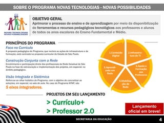 SECRETARIA DA EDUCAÇÃO
OBJETIVO GERAL
Aprimorar o processo de ensino e de aprendizagem por meio da disponibilização
de ferramentas e recursos pedagógicos tecnológicos aos professores e alunos
de todos os anos escolares do Ensino Fundamental e Médio.
PRINCÍPIOS DO PROGRAMA
Foco no Currículo
A proposta pedagógica do Programa, que norteia as ações de infraestrutura e de
formação, está centrada na proposta curricular do Estado de São Paulo.
Construção Conjunta com a Rede
Envolvimento e participação direta dos profissionais da Rede Estadual de São
Paulo na fase de estruturação e implementação dos projetos, em especial, no
âmbito pedagógico.
Visão Integrada e Sistêmica
Refere-se ao olhar holístico do Programa, com o objetivo de concretizar as
soluções, em especial, na sala de aula. No caso do Programa NTNP, são
5 eixos integradores.
2.Infraestru-
tura de TI
3.Apoio e
Formação
aos
Professores
4.Mobiliza-
ção de
Rede
5.Aprendi-
zado em
Rede
1.Conteúdo
Digital
PROJETOS EM SEU LANÇAMENTO
> Currículo+
> Professor 2.0
SOBRE O PROGRAMA NOVAS TECNOLOGIAS - NOVAS POSSIBILIDADES
4
Lançamento
oficial em breve!
 