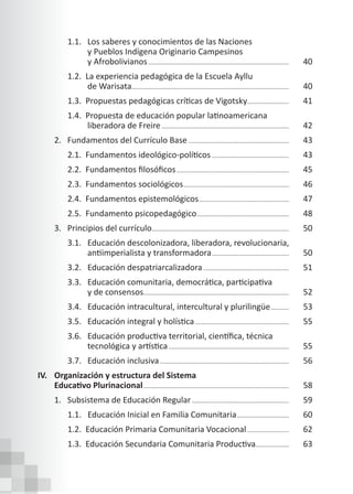 1.1. Los saberes y conocimientos de las Naciones
			 y Pueblos Indígena Originario Campesinos
			 y Afrobolivianos..................................................................................... 40
		 1.2. La experiencia pedagógica de la Escuela Ayllu
			 de Warisata............................................................................................... 40
1.3.  Propuestas pedagógicas críticas de Vigotsky.......................... 41
1.4.  Propuesta de educación popular latinoamericana
			 liberadora de Freire............................................................................. 42
2. Fundamentos del Currículo Base............................................................. 43
2.1.  Fundamentos ideológico-políticos............................................... 43
2.2.  Fundamentos filosóficos.................................................................... 45
		 2.3. Fundamentos sociológicos................................................................ 46
		 2.4. Fundamentos epistemológicos....................................................... 47
		 2.5. Fundamento psicopedagógico........................................................ 48
3. Principios del currículo.................................................................................. 50
		 3.1. Educación descolonizadora, liberadora, revolucionaria,
antiimperialista y transformadora............................................... 50
		 3.2. Educación despatriarcalizadora.................................................... 51
3.3. Educación comunitaria, democrática, participativa
			 y de consensos....................................................................................... 52
		 3.4. Educación intracultural, intercultural y plurilingüe............ 53
3.5. Educación integral y holística......................................................... 55
3.6. Educación productiva territorial, científica, técnica
tecnológica y artística......................................................................... 55
		 3.7. Educación inclusiva.............................................................................. 56
IV. Organización y estructura del Sistema
Educativo Plurinacional........................................................................................ 58
1. Subsistema de Educación Regular........................................................... 59
		 1.1. Educación Inicial en Familia Comunitaria................................ 60
1.2.  Educación Primaria Comunitaria Vocacional.......................... 62
1.3.  Educación Secundaria Comunitaria Productiva..................... 63
 